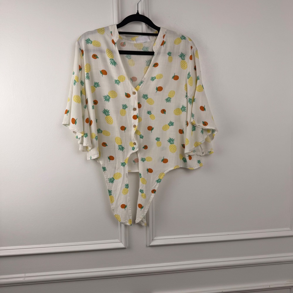 Isalis Womens Pineapple Orange Fruit Print Tie Front Button Up Rayon Top Small